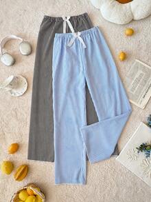 SHEIN 2件套女士泡泡褶皱条纹蝴蝶结装饰腰带睡裤套装 - 彩色 - 查看 6