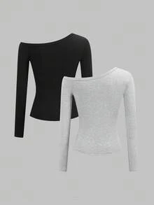 SHEIN Unity 女士秋季斜肩紧身T恤，铆钉、孔眼装饰，金属朋克亚文化风格，刺绣T恤，长袖不对称肩部设计 - 彩色 - 查看 4