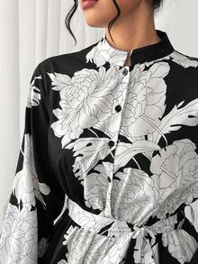 Elenzga Váy chữ A dài tay cổ đứng in hoa thanh lịch cỡ lớn cho nữ, hở phía trước, đầu xuân - màu đen - Xem 8