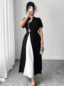 Elenzga Đầm dự tiệc tay ngắn thanh lịch, thắt eo khoét nút màu cỡ lớn dành cho nữ - màu đen - Xem 4