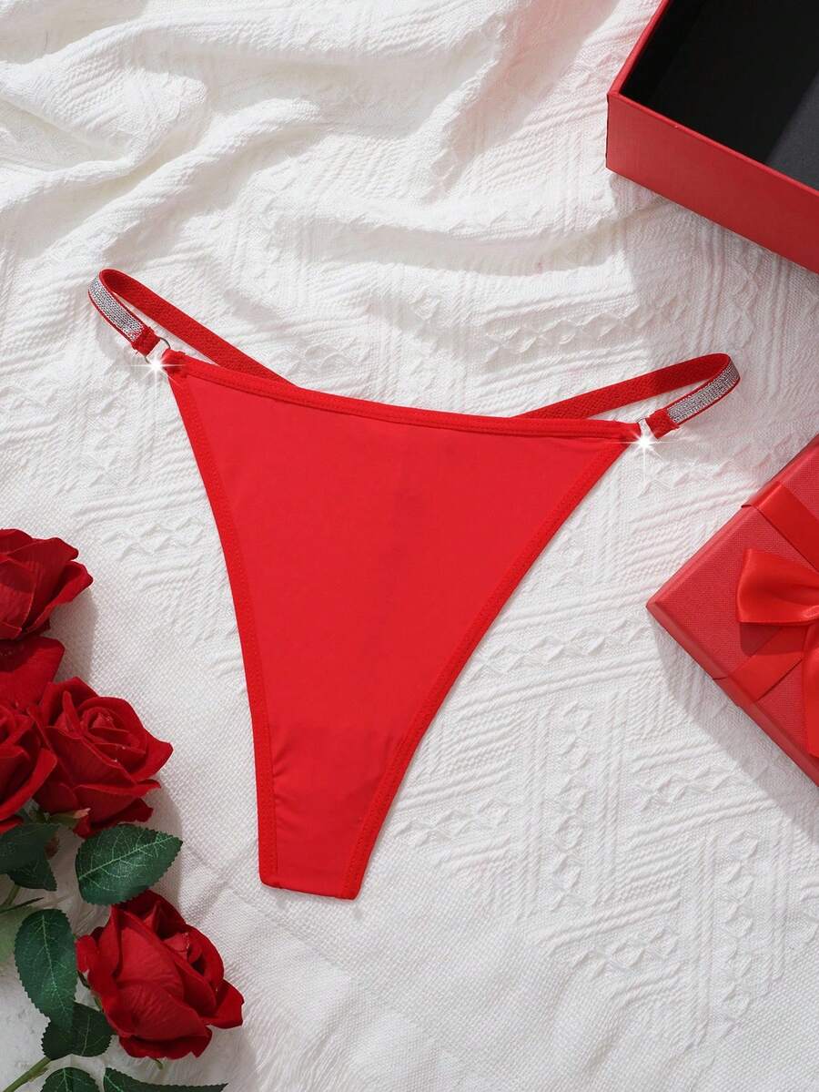 Plus Size Shiny Silver String Comfortable Sexy Thong Underwear, Rave - Red - View 1