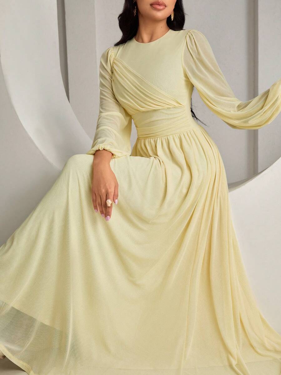 Veilorie 新款褶裥收腰优雅飘逸日常连衣裙，适合派对和度假 - 黃色 - 查看 1
