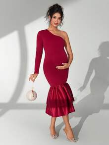 Cheriluna Maternity Maternity Photoshoot Dress, One-Shoulder Long Sleeve Fitted Dress With Ruffle Hem And Double Layer Design - Burgundy - View 1