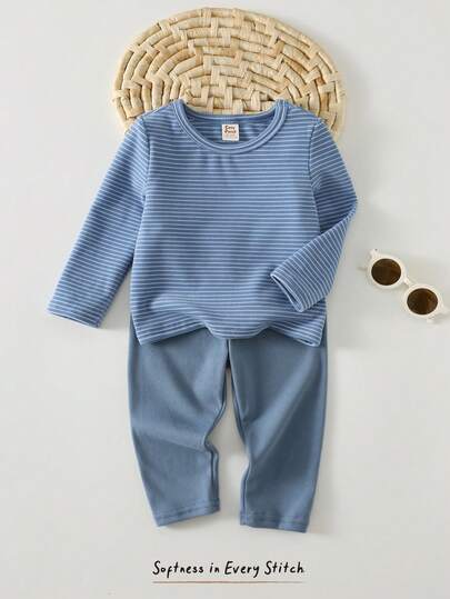 Cozy Pixies 2pcs Baby/Toddler Colorful Striped Crew Neck Long Sleeve Top And Elastic Waist Pants Set, Suitable For Winter Layering And Loungewear