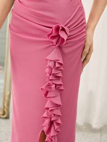 Blush Pink Elegant Formal Summer Party Bridesmaid Dress,Teens Knit Elastic Spaghetti Strap Fitted Slit 3D Floral Ruffle Midi Dress For Wedding,Prom - Pink - View 8