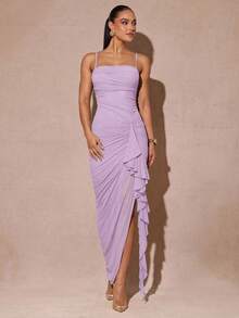 Silquee Váy xẻ tà cao tay bèo nhún lãng mạn màu xanh lá cây thanh lịch, đầm dự tiệc bodycon ren dành cho nữ, thích hợp cho ngày lễ tình nhân, hẹn hò, đám cưới, dạ hội - Màu tím hoa cà - Xem 3