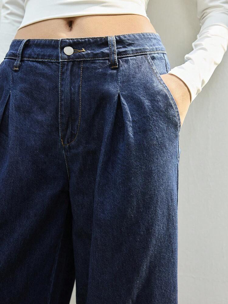 SHEIN Maija Women's Dark Blue Jeans, Comfortable 100% Cotton Denim,Classic Straight-Leg Long Style