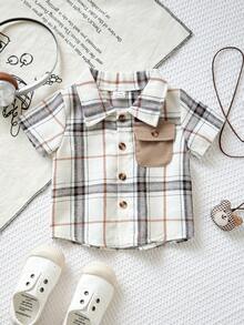 Playful Pals Áo sơ mi kẻ caro tay ngắn mùa hè cho bé trai, thích hợp mặc thường ngày, ngoài trời, dự tiệc - Nhiều màu - Xem 7