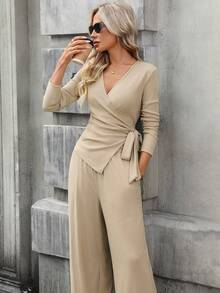 SHEIN LUNE 2pcs Women V-Neck Wrap Twist Long Sleeve Top And Pants Set Spring Outfit Women Pring Break Outfits Elegant Dress Women Business Casual Woman Casual Women Outfits - Apricot - View 4