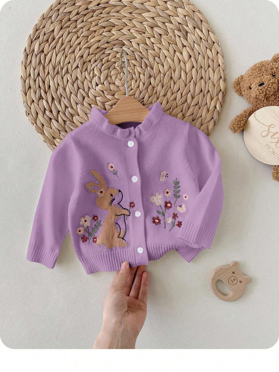 SHEIN Newborn Baby Girl Floral Cartoon Rabbit Embroidery Single-Breasted Knit Cardigan - Mauve Purple - View 1