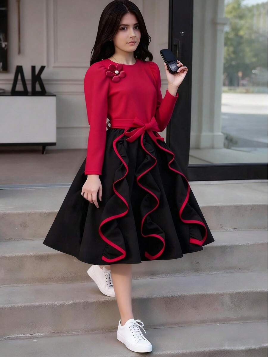 Tween Girl Floral 3D Decor Contrast Color Round Neck Long Sleeve Ruffle Hem Elegant Dress
