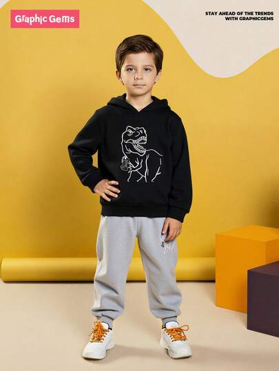 GraphicGems 2 件套幼儿男童恐龙卡通图案印花连帽运动衫和灰色运动裤，适合游戏的休闲运动装，秋冬