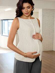 MaterniWear 春季女装、办公室、商务孕妇工作上衣、休闲女装、秋季、舒适休闲纯色无袖上衣、女式背心、无袖女式上衣、针织女式上衣、镂空女式上衣、外出上衣 - 杏色 - 查看 5