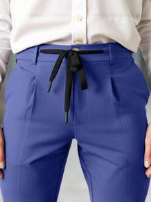 Manfinity Mode Pantalones de traje casuales de hombre con cintura con cordón, ajuste delgado, unicolor, adecuados para el trabajo y el transporte - Azul - Ver 2