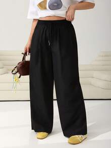 Solflare 大码女式休闲纯色抽绳裤，适合秋、冬、春季穿着 - 黑色 - 查看 5
