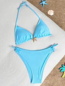 SHEIN 少女蓝色吊带比基尼套装，适合春夏假期穿着