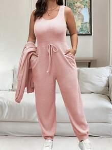 Vionelle 大码女式纯色落肩长袖外套和腰带连体裤休闲两件套 - 藕粉色 - 查看 3