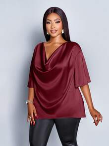 SOLERSUN Christmas Plus Size Women's Fashionable Solid Color Elegant Cowl Neck Stylish And Sophisticated Batwing Sleeve Blouse Summer Fall,Winter,Burgundy Women Blouse