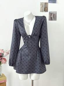 SHEIN Unity Vestido casual mini de mujer con mangas largas, cuello en V profundo, lunares y cintura con lazo fruncido - Gris - Ver 3