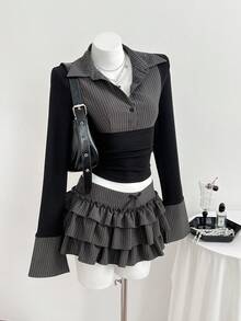 Elamini 女士夏季休闲两件套，包括一条层叠半裙和一件撞色衬衫，适合新年派对穿着 - 灰色 - 查看 1