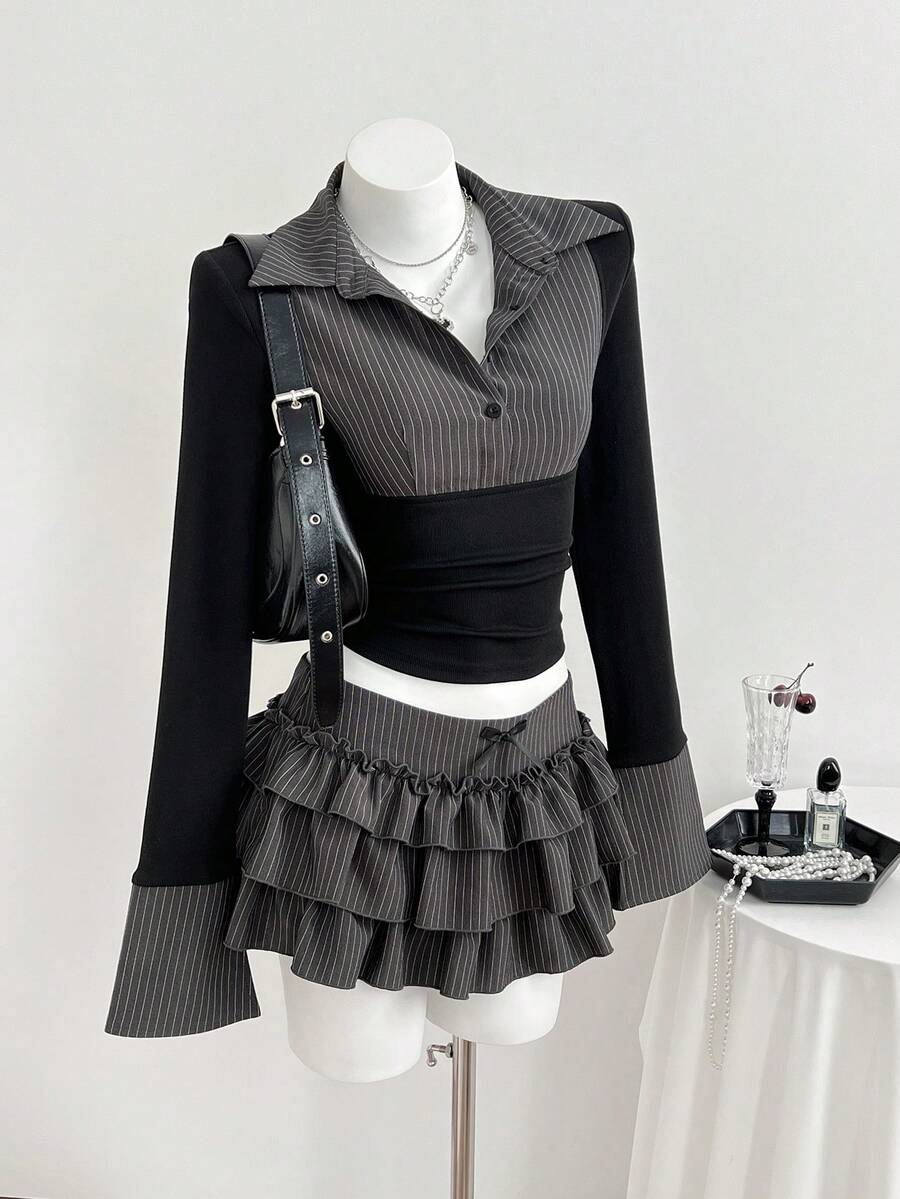 Elamini 女士夏季休闲两件套，包括一条层叠半裙和一件撞色衬衫，适合新年派对穿着 - 灰色 - 查看 1