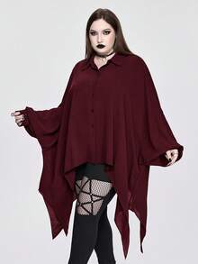 ROMWE Goth 大码女式哥特式不对称下摆蝙蝠袖宽松开衫衬衫 - 酒紅色 - 查看 8