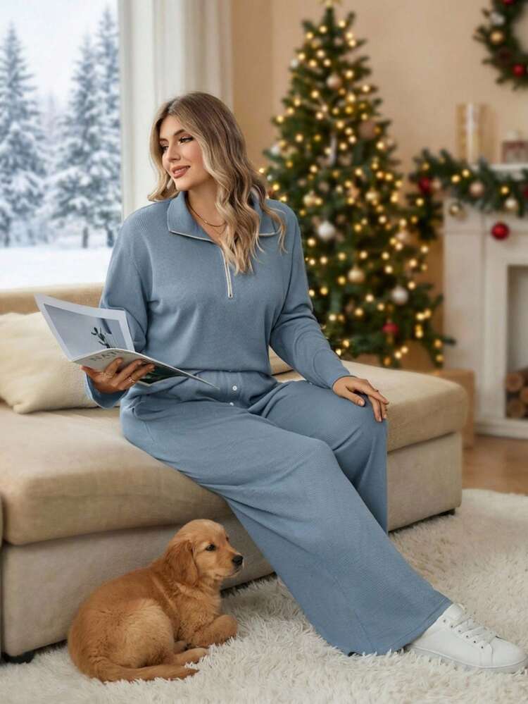 Plus Size Women Solid Color Long Sleeve Zip-Up Half Placket Top And Pants Casual 2 Piece Set