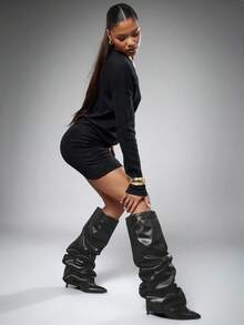 SHUZIA Botas altas hasta la rodilla con tacón sexy y elegante para mujer, con decoración de candado de metal - Negro - Ver 4