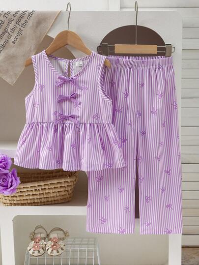 SHEIN Elladie kids Conjunto de top con estampado de rayas y lazo y pantalones casuales estampados, adecuado para el verano para niñas jóvenes