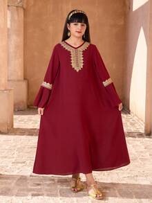 Women & Teenage Girls' Robe: Burgundy Base With Golden Lace Embroidery, V-Neck + Flare Sleeves, Elegant & Vintage, Suitable For Traditional Arab Clothing, Abaya, Ramadan Family Gatherings - Red - View 7