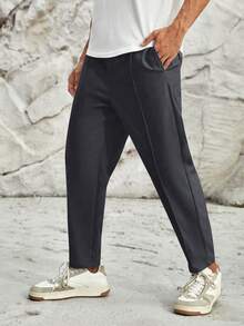 Manfinity VCAY Men's Casual Woven Drawstring Waist Pants With Toothpick Design - Dark Grey - View 7