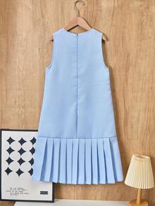 女童优雅甜美无袖迷你连衣裙，层叠荷叶边下摆，白色蝴蝶结点缀，适合夏季和奢华派对穿着 - 藍色 - 查看 2