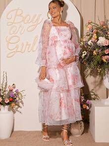 Loomaby Maternity Mesh Patchwork All-Over Print Square Neck Long Sleeve Dress,Gender Reveal Dress,Maternity Dress, Baby Shower Dress,Maternity Clothes