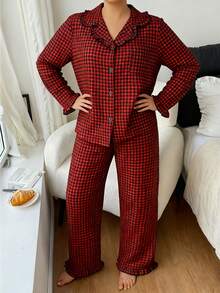 Plus Size Plaid Lapel Pajama Set - Multicolor - View 7