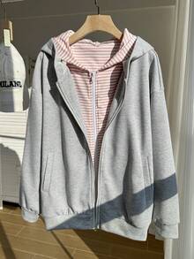 SHEIN 女士落肩长袖拉链休闲连帽衫 - 灰色 - 查看 4