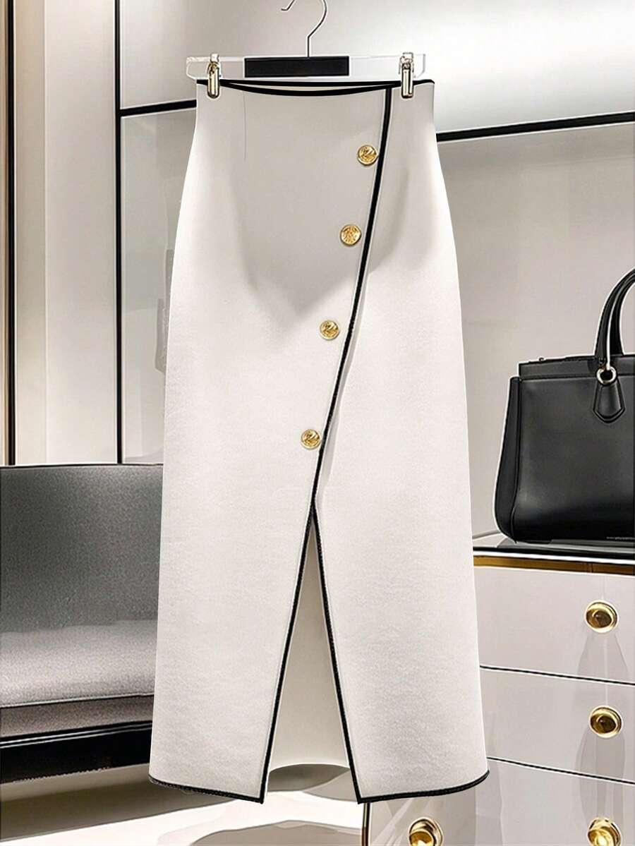 SHEIN PETITE 白色高腰飘逸开叉裙，时尚显瘦，适合秋冬