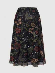 ROMWE Fairycore 大码女式花卉植物印花A字网纱半身裙，自然灵感