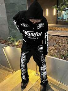 2 件青少年男孩休闲日常舒适印花连帽运动衫和直筒运动裤套装 - 黑色 - 查看 1