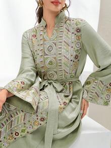 Al Najma New Elegant Beaded Embroidery Patchwork Cinched Waist Dress, High-End For Party, Gathering, Vacation - Green - View 1