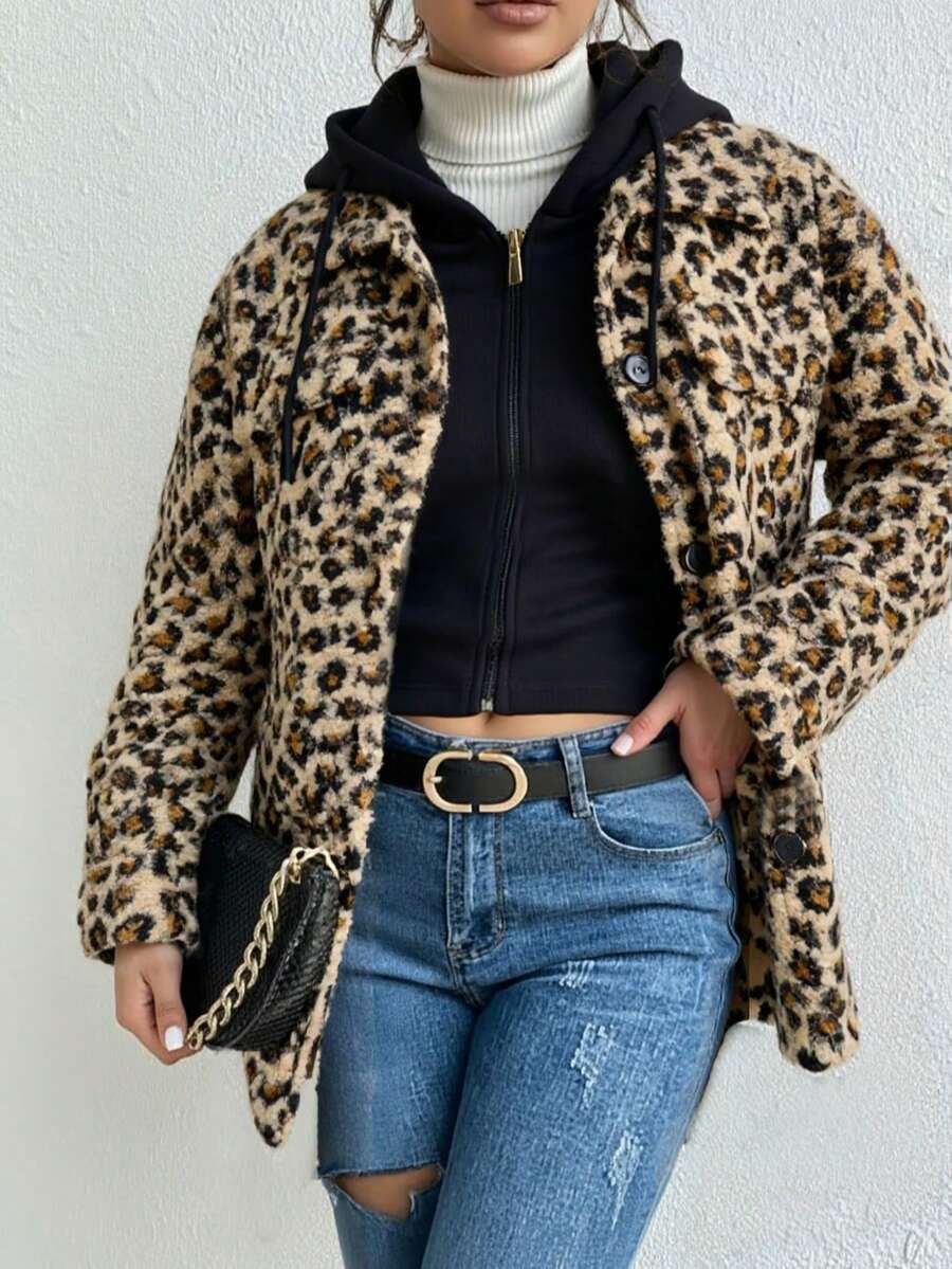 Elegante abrigo de leopardo para mujeres - diseño de patrón de leopardo, a prueba de viento grueso, sombrero de cuerda, botones abiertos, adecuado para negocios de alta gama, fiestas, fiestas, artículos de invierno de moda - Marrón - Ver 1