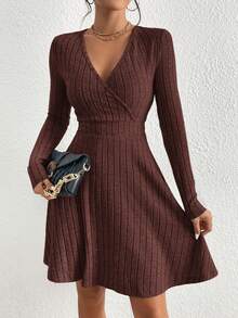 SHEIN Tall CURVE Plus Size Solid Color Deep V-Neck Crossed Wrap Ribbed Long Sleeve Dress New Years Women Outfit - Brown - View 3
