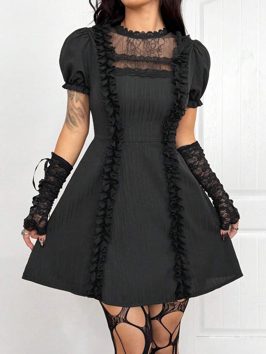 Coolane Dam höst/vinter all-säsong Y2K goth chic rave outfit spets stretchig bekväm rave outfit hög hals puffärm svart kort klänning - Svart - Visa 1