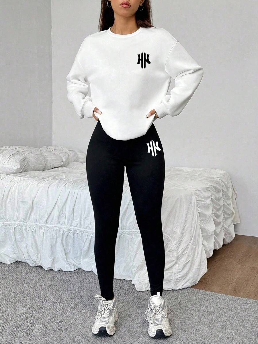 SHEIN EZwear 2pcs/Set Casual Loose Fit Crew Neck Sweatshirt And Skinny Leggings, Suitable For Autumn/Winter, Small Logo Print - Multicolor - View 1