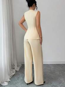 Modelyn Women's Elegant Commuter 2 Pieces Set, Apricot Sleeveless Top And Straight Leg Pants, Spring/Summer