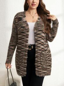 SHEIN LUNE Plus-Size Women's Pink And Grey Cardigan,Winter Casual Vacation Elegant Woolen Thickened Knitted Coat,Old Money Style Christmas Thanksgiving Clothing - Multicolor - View 1