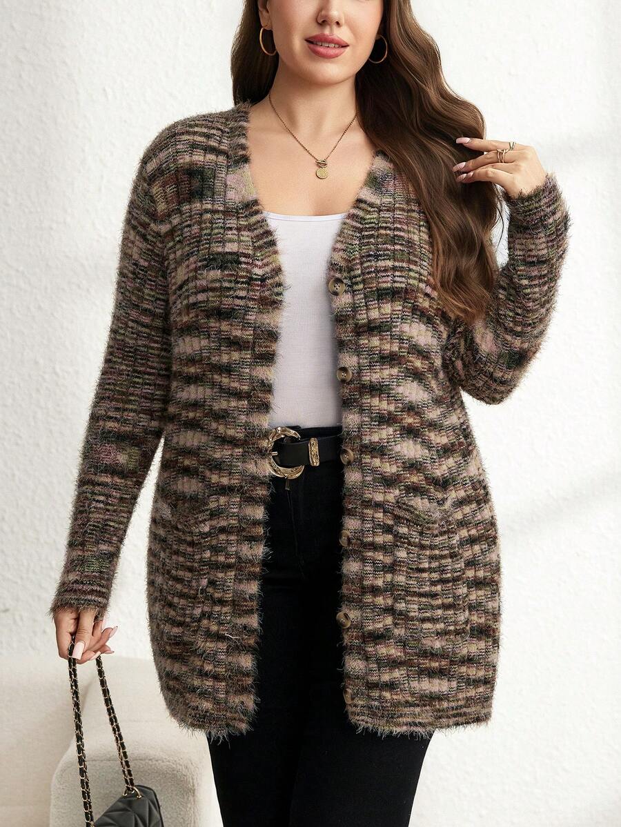 SHEIN LUNE Plus-Size Women's Pink And Grey Cardigan,Winter Casual Vacation Elegant Woolen Thickened Knitted Coat,Old Money Style Christmas Thanksgiving Clothing - Multicolor - View 1