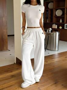 SHEIN EZwear 2件套女士刺绣针织家居服，夏季白色 - 白色 - 查看 7