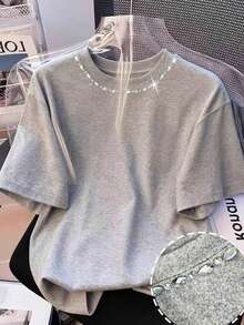 Resyla Women's Fashion Minimalist Diamond Rhinestone Crew Neck T-Shirt - Light Grey - View 1
