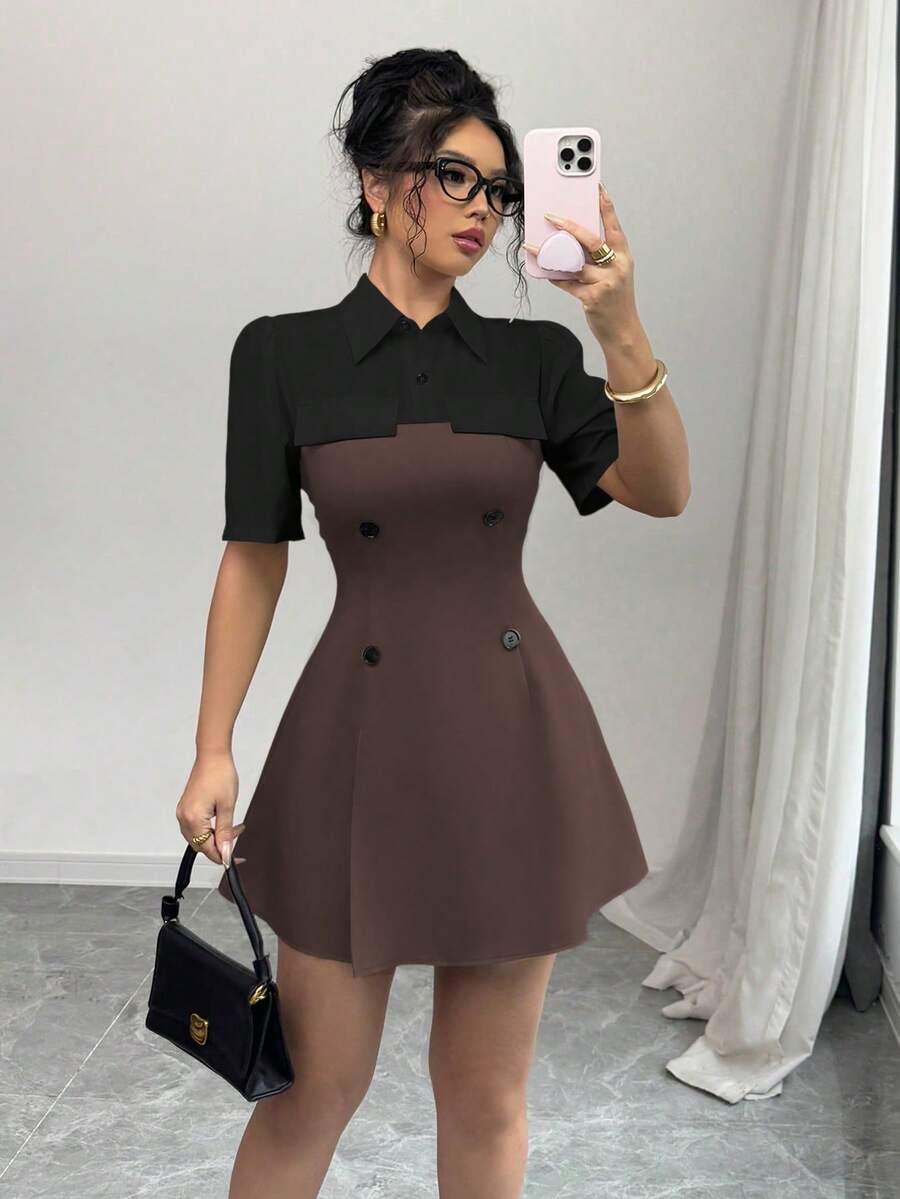 Elenzga 女士短袖休闲撞色二合一衬衫裙 - 彩色 - 查看 1