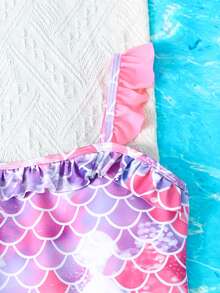 SHEIN 少女情人节度假休闲沙滩渐变鱼鳞印花荷叶边连体泳衣 - 粉色 - 查看 6